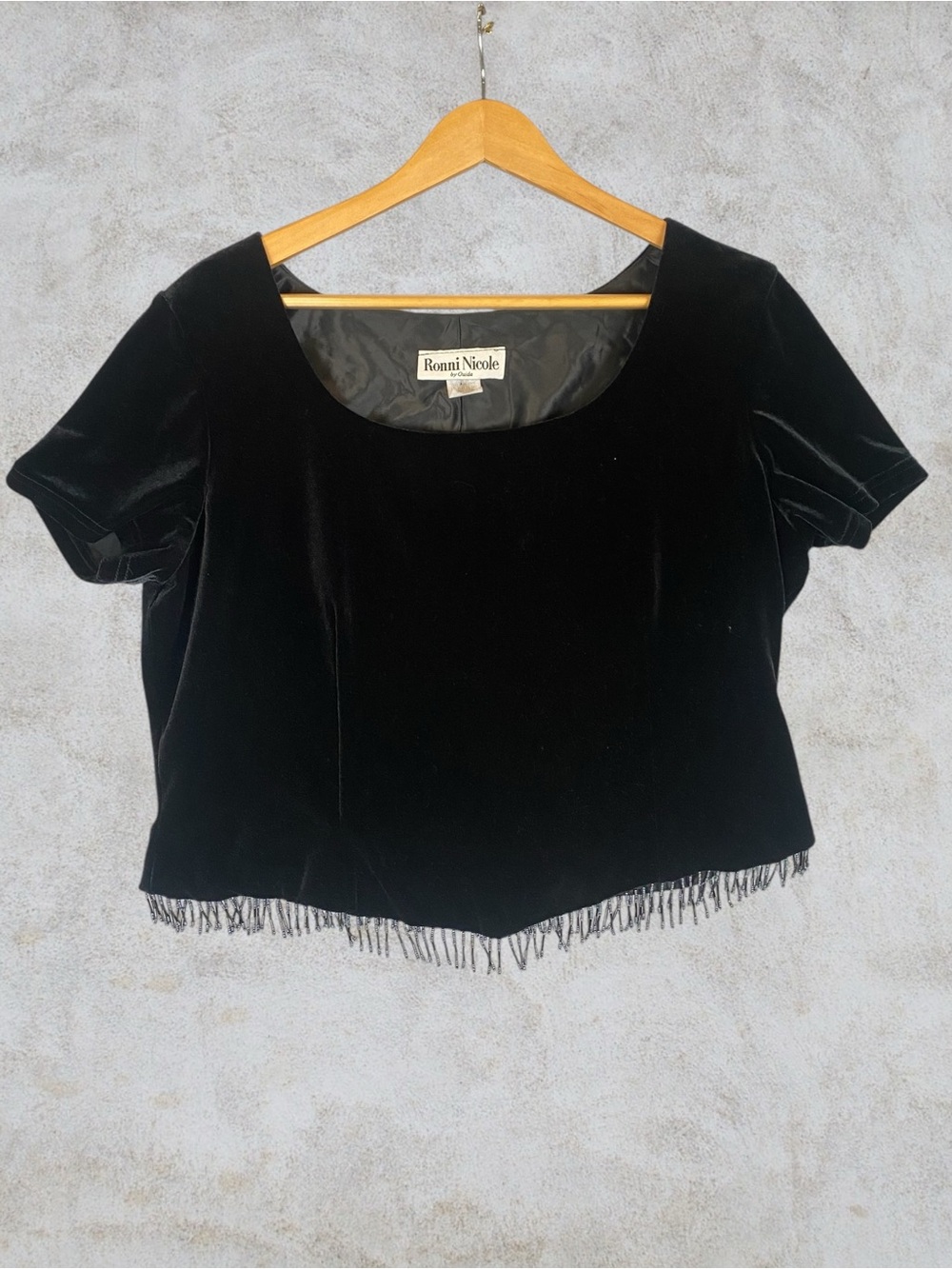 Vintage 90s Ronni Nicole Velvet Beaded Fringe Top Black Size 16 Whimsigoth